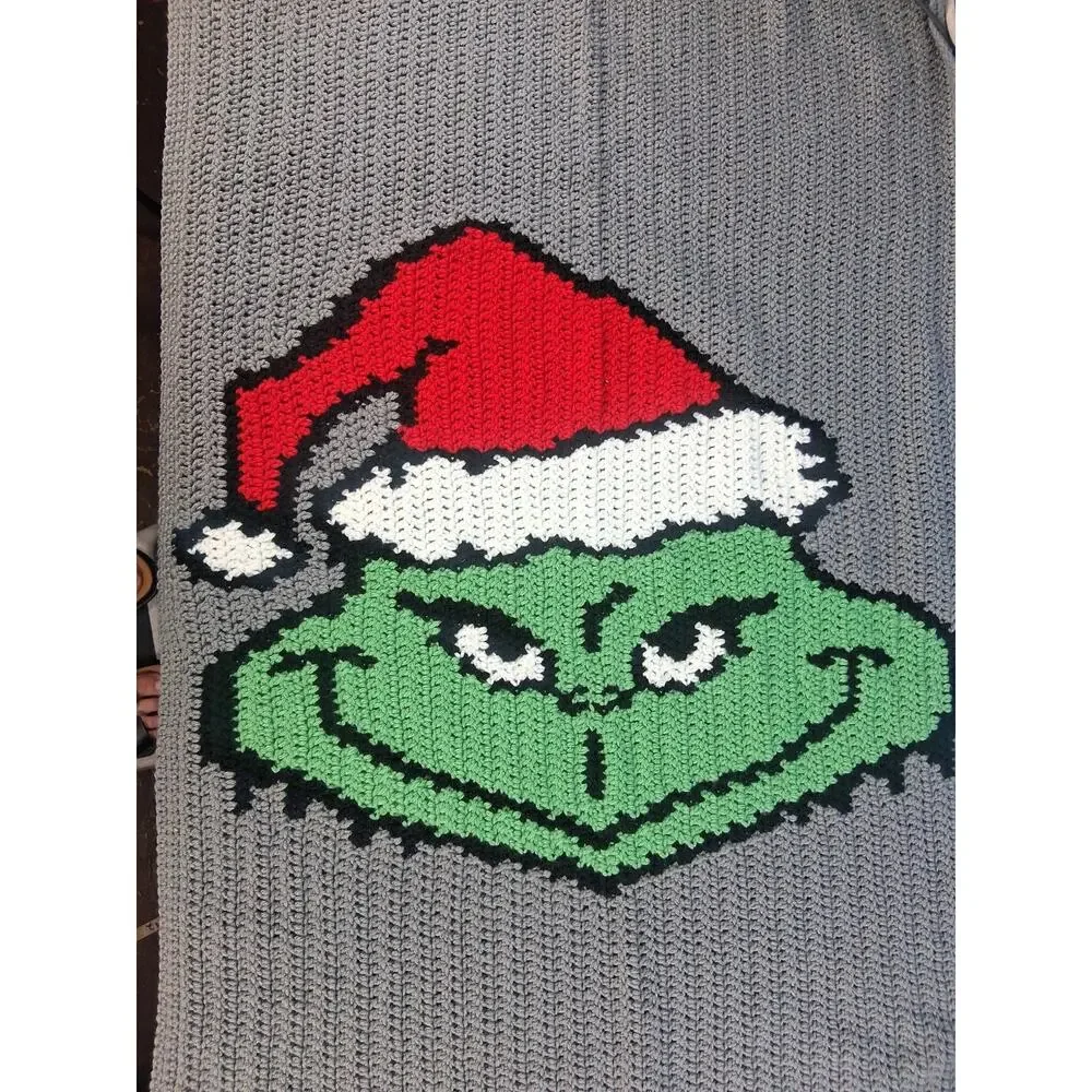 Handmade Crocheted Grinch Blanket 48 × 28 Green Grey Christmas Playful Winter